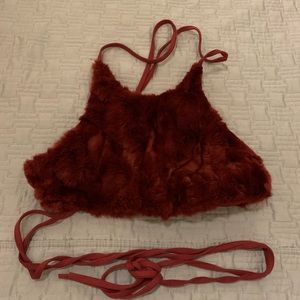 Maroon faux fur halter wrap around tie crop from Iheartraves